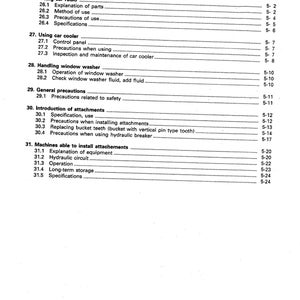 May include: A black and white document with the title "OPTION, ATTACHMENT" and a list of numbered items with page numbers. The list includes topics such as "Using car radio", "Using car cooler", "Handling window washer", "General precautions", "Introduction of attachments", and "Machines able to install attachments".