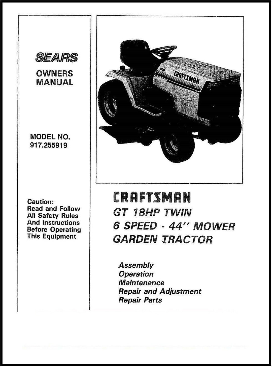 Operator & Parts Manual Sears Craftsman GT 18HP Lawn Mower 44 Inch