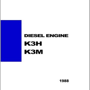 Może przedstawiać: Czarno-biała okładka instrukcji serwisowej silnika wysokoprężnego. Tytuł brzmi "SERVICE MANUAL", a model silnika to "K3H K3M". Rok to 1988.