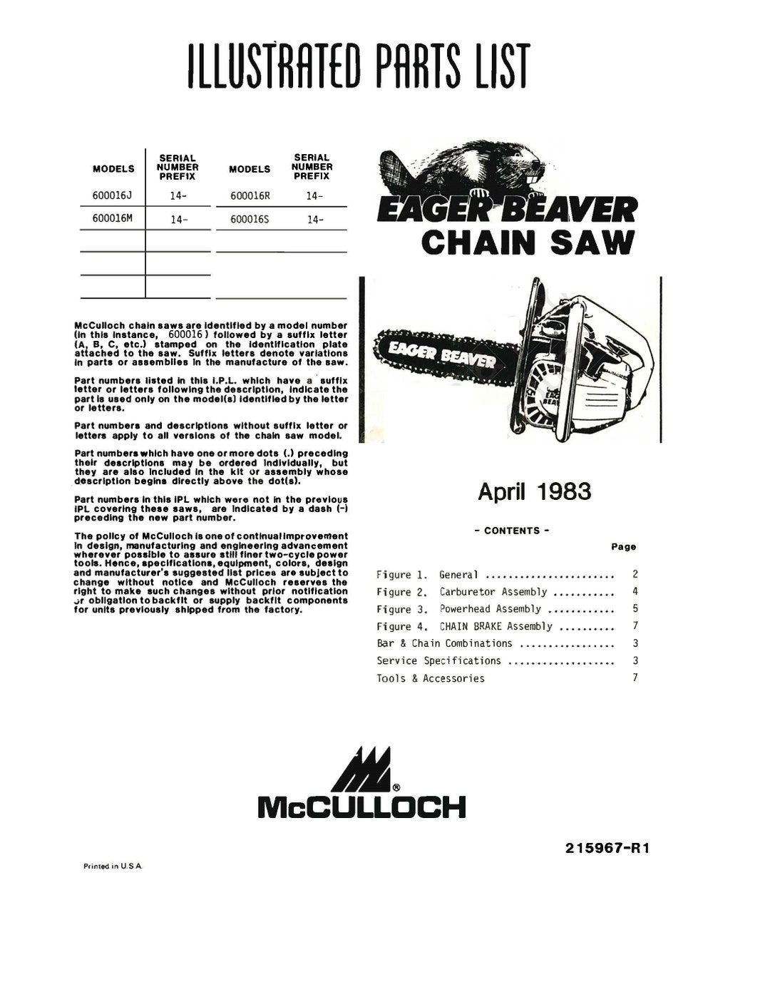 1983 Eager Beaver Chainsaw Illustrated Parts List Manual Fits Mcculloch
