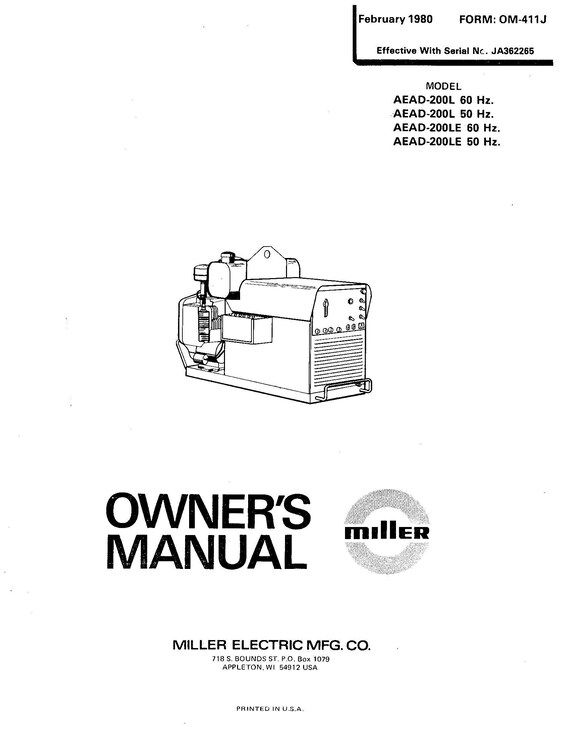 Owner & Parts Manual Miller AEAD-200 200E 200L 200LE Welder - Etsy