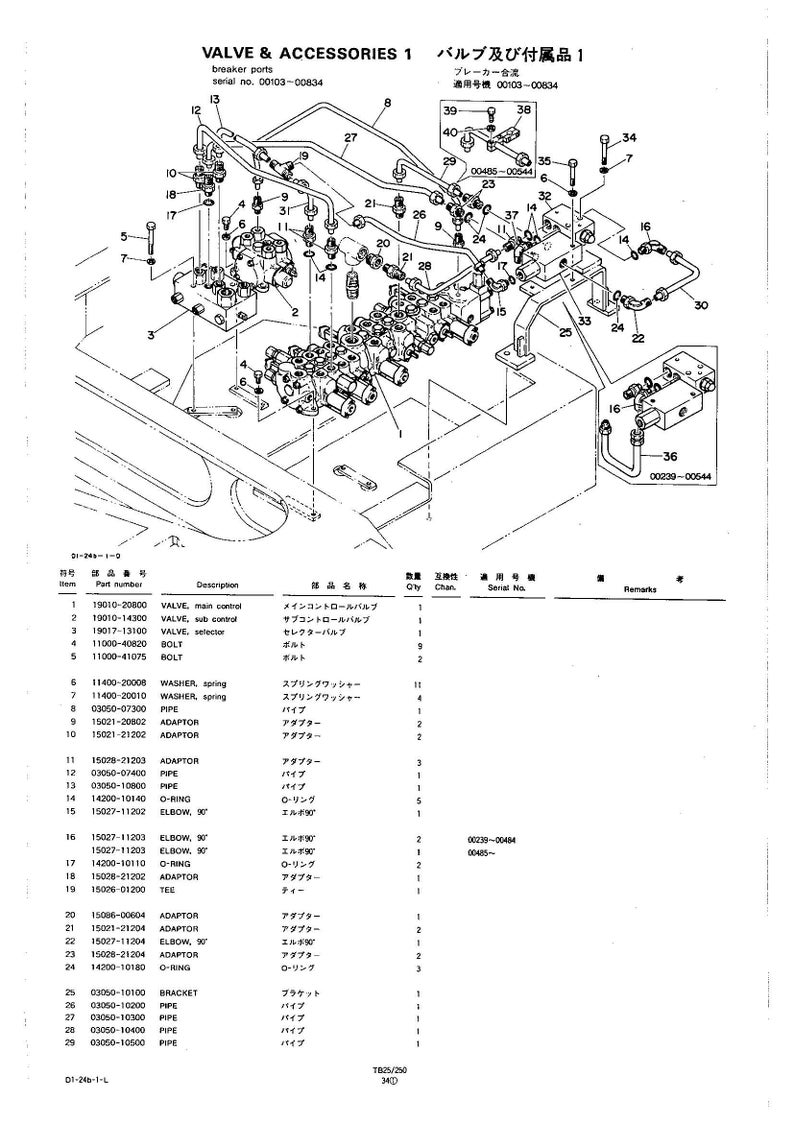 May include: Diagram of valve and accessories with part numbers and descriptions. Includes various components like valves, bolts, washers, pipes, adaptors, and elbows. Text in English and Japanese.