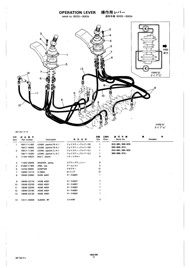 May include: Technical diagram of an operation lever assembly, featuring multiple levers, hoses, and fittings. The diagram includes detailed part numbers, descriptions, and a schematic of the hydraulic system. The image is in black and white.