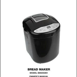 Könnte beinhalten: Schwarzer Brotbackautomat mit Digitalanzeige und Sichtfenster. Das Gerät hat ein abgerundetes Design und ein Bedienfeld mit Tasten. Der Text "BREAD MAKER" und Modellinformationen sind sichtbar.