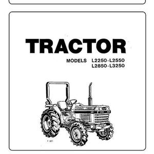 Puede incluir: Ilustración en blanco y negro de un tractor con el texto "TRACTOR" y "MODELS L2250-L2550 L2850-L3250" impreso debajo. El texto "READ AND SAVE THIS BOOK" está impreso en la parte inferior de la imagen.