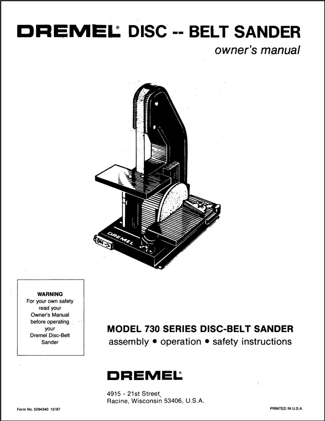 Operator Instruction Manual Disc Belt Sander Model 1731 Dremel