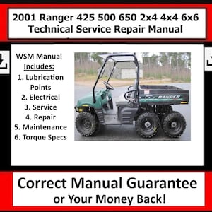 May include: A green 2001 Ranger 425 500 650 2x4 4x4 6x6 utility vehicle with a black roll cage and a silver bed. The vehicle is parked on a dirt road with trees in the background. The text "RANGER" is visible on the side of the vehicle. The image includes the text "2001 Ranger 425 500 650 2x4 4x4 6x6 Technical Service Repair Manual" and "WSM Manual Includes: 1. Lubrication Points 2. Electrical 3. Service 4. Repair 5. Maintenance 6. Torque Specs".