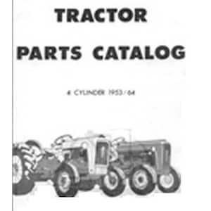 May include: Black and white image of a tractor parts catalog cover. The cover features a tractor with a 4 cylinder engine. The text on the cover reads "TRACTOR PARTS CATALOG 4 CYLINDER 1953/54".
