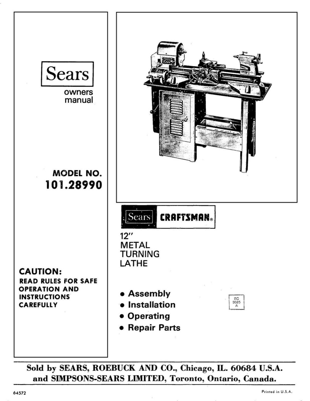 Lathe Instruction Manual Craftsman 12 Metal Turning 101.28990 Etsy