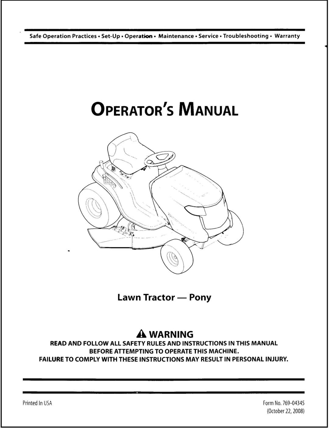 Fits Troy-bilt - 2008 Pony Lawn Tractor Operators Maintenance Instruction Manual - Etsy