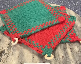 Handmade Cotton and Wool Potholders: Large 8.5" Heat-Resistant Trivets - Christmas Themed