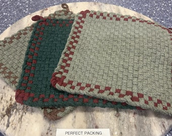 Handmade Cotton and Wool Potholders: Large 8.5" Heat-Resistant Trivets - Christmas Formal