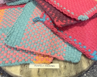 Handmade Cotton and Wool Potholders: Large 8.5" Heat-Resistant Trivets - Pastel Colors