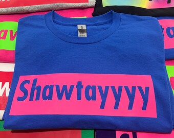 SHAWTAYYYY Pink Logo on Blue T-Shirt