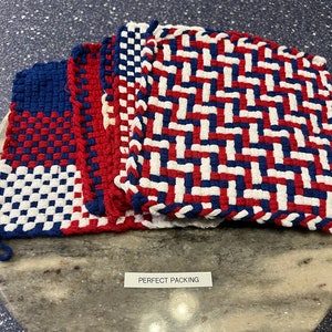 Large 8.5&quot; Hand Woven Cotton/Wool Pot Holders - Trivet - Patriotic Themed Colors