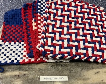 Large 8.5" Hand Woven Cotton/Wool Pot Holders - Trivet - Patriotic Themed Colors