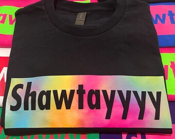 SHAWTAYYYY Iridescent  Logo on Black T-Shirt