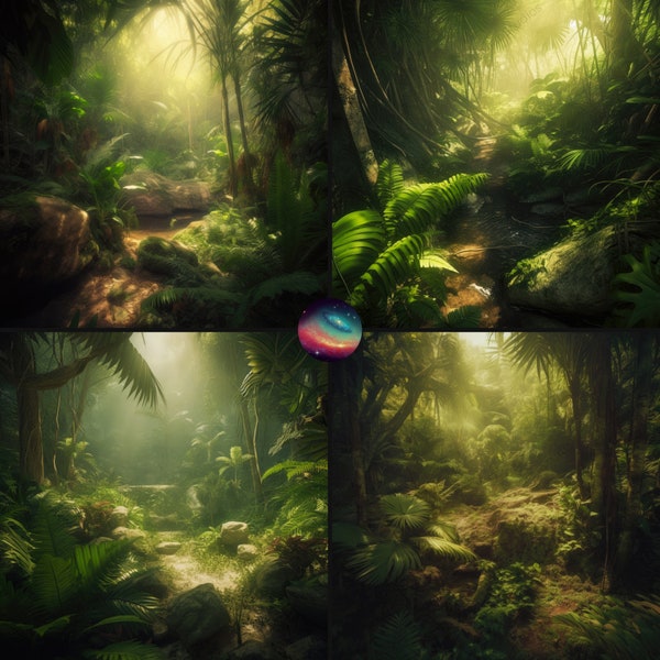 4 Deep Jungle Forest Backgrounds, Digital Backdrops of Lush Tropical Nature Scenes | Instant Download JPG Files