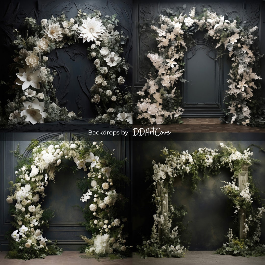 4x White Flowers Black Backdrop, Digital Backgrounds, Studio Backdrop ...