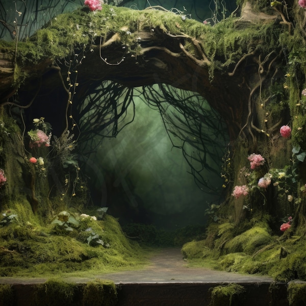 Enchanted Forest Digital Download Backdrop | Fantasy & Fairy Backdrops, Backgrounds | Mossy Entrance, Flowers and Vines