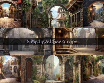 Digital Backdrop Enchanting Medieval Townscape Digital Backdrops || Ancient Town Background || Set of 8