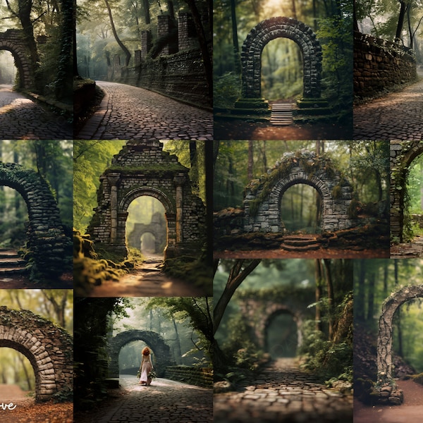 12 Cobblestone Forest Arch Backdrops, Woods Digital Backdrop Overlays, Studio Photography Backdrops Photoshop Overlay Photo Textures