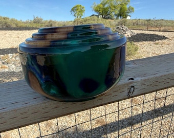 Handcrafted Wood Resin Bowl: Deep Green Blue Swirl Decorative Art Piece