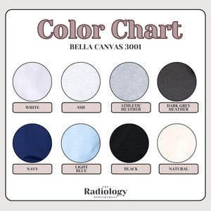 May include: Color chart for Bella Canvas 3001 t-shirts. The chart shows the different colors available, including white, ash, athletic heather, dark grey heather, navy, light blue, black, and natural.