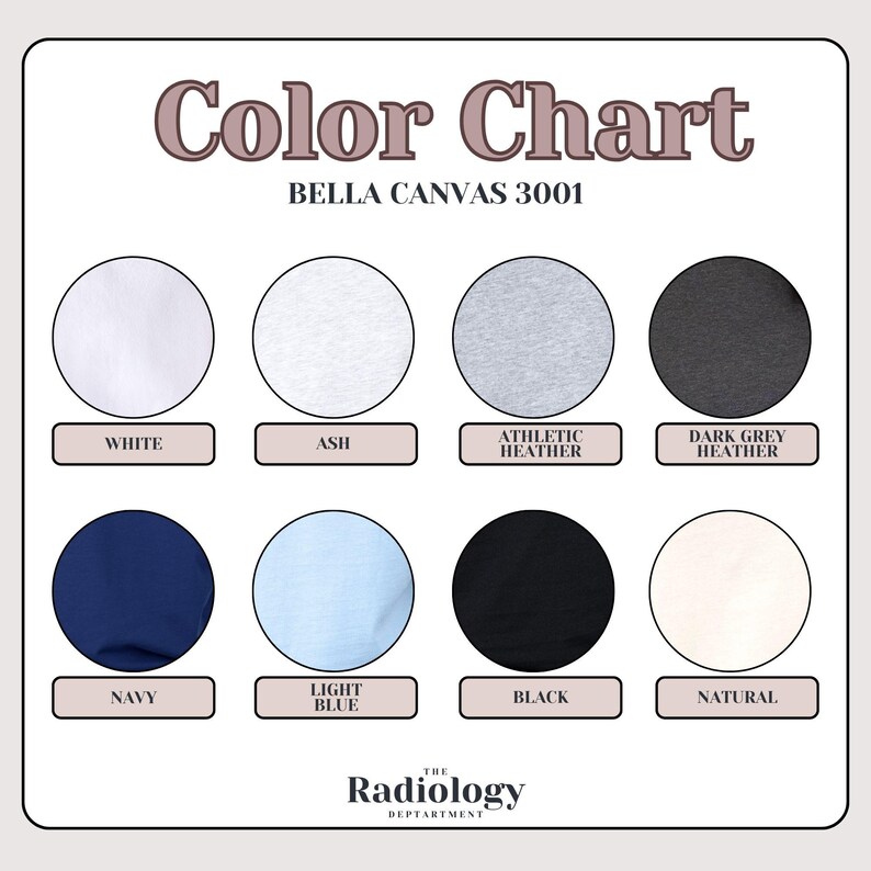 May include: Color chart for Bella Canvas 3001 t-shirts. The chart shows the different colors available, including white, ash, athletic heather, dark grey heather, navy, light blue, black, and natural.