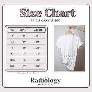 May include: Size chart for Bella Canvas 3001 t-shirts, showing measurements in inches for sizes S through 3XL. The chart includes length and width measurements.