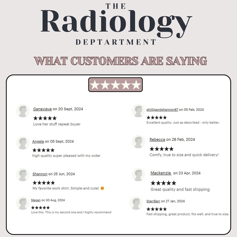 May include: A screenshot of a website with customer reviews for a radiology department. The reviews are all positive and include comments like "Love her stuff repeat buyer", "Excellent quality. Just as described - only better." and "Comfy, true to size and quick delivery!"