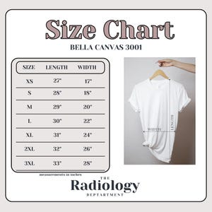 以下が含まれることがあります： Bella Canvas 3001 Tシャツのサイズチャート。XSから3XLまでのサイズに対応し、インチで長さと幅の寸法が記載されています。