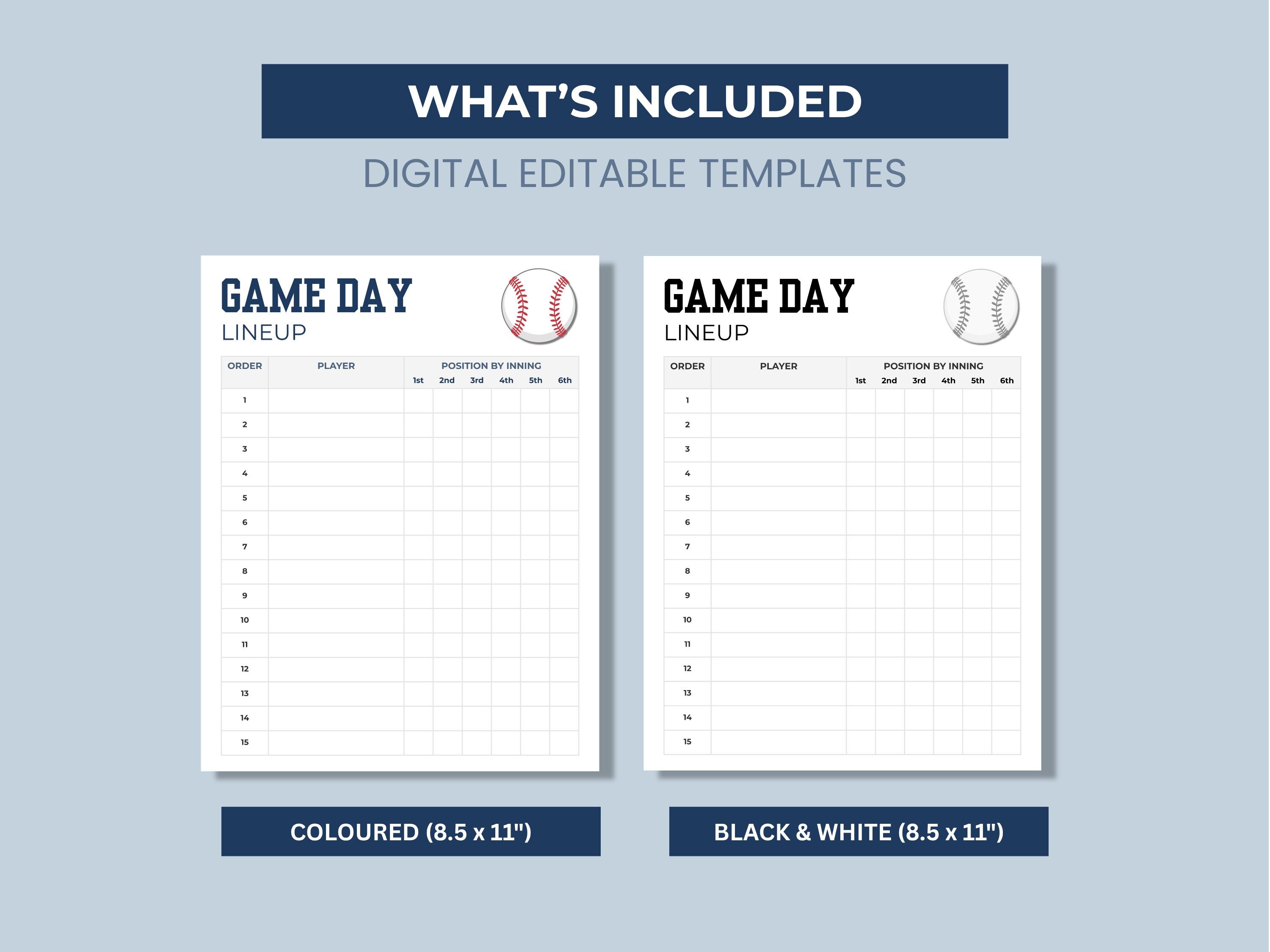 Printable Baseball Line up Card Sheet, Editable Batting Order With ...