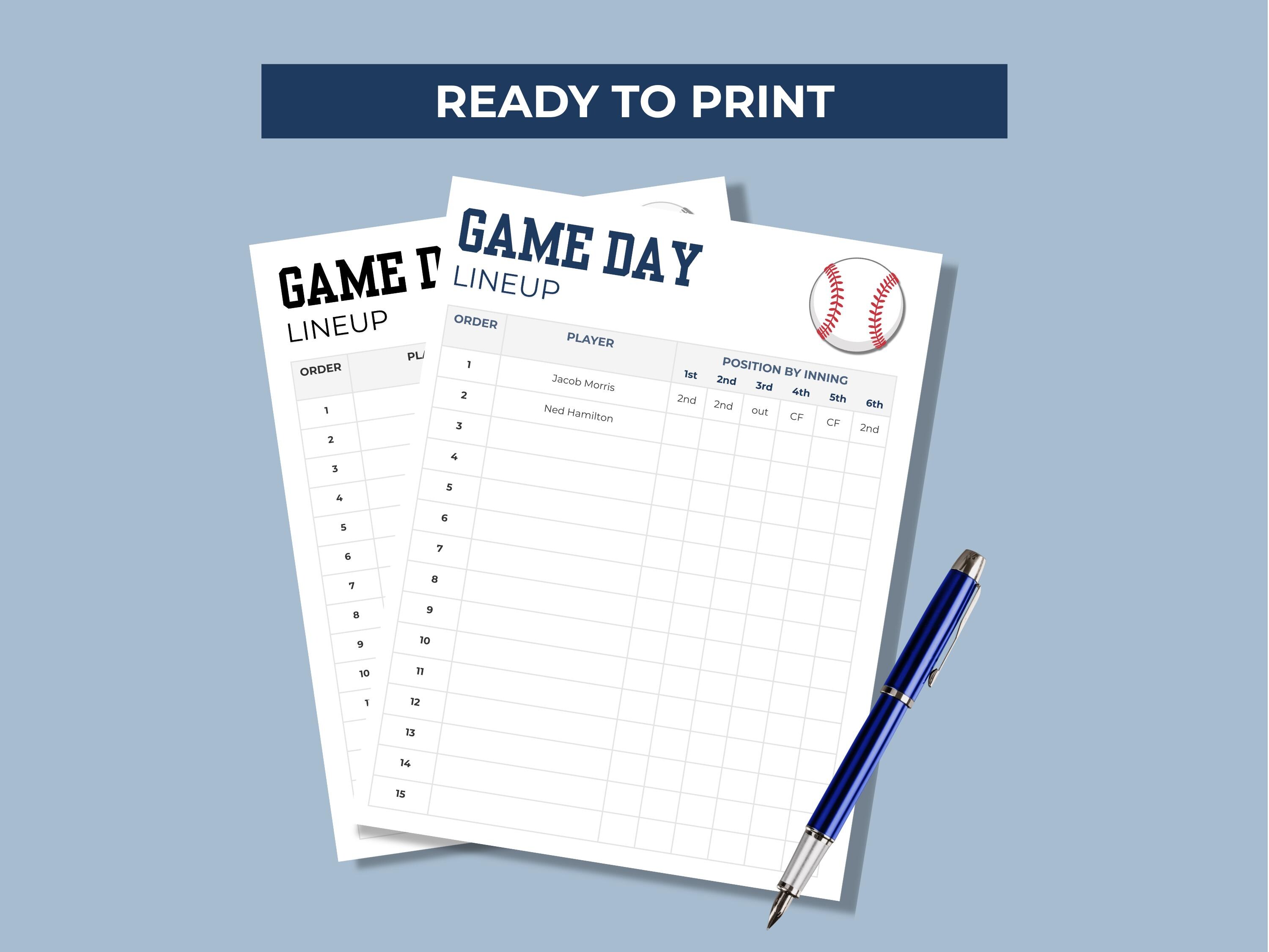 Printable Baseball Line up Card Sheet, Editable Batting Order With ...