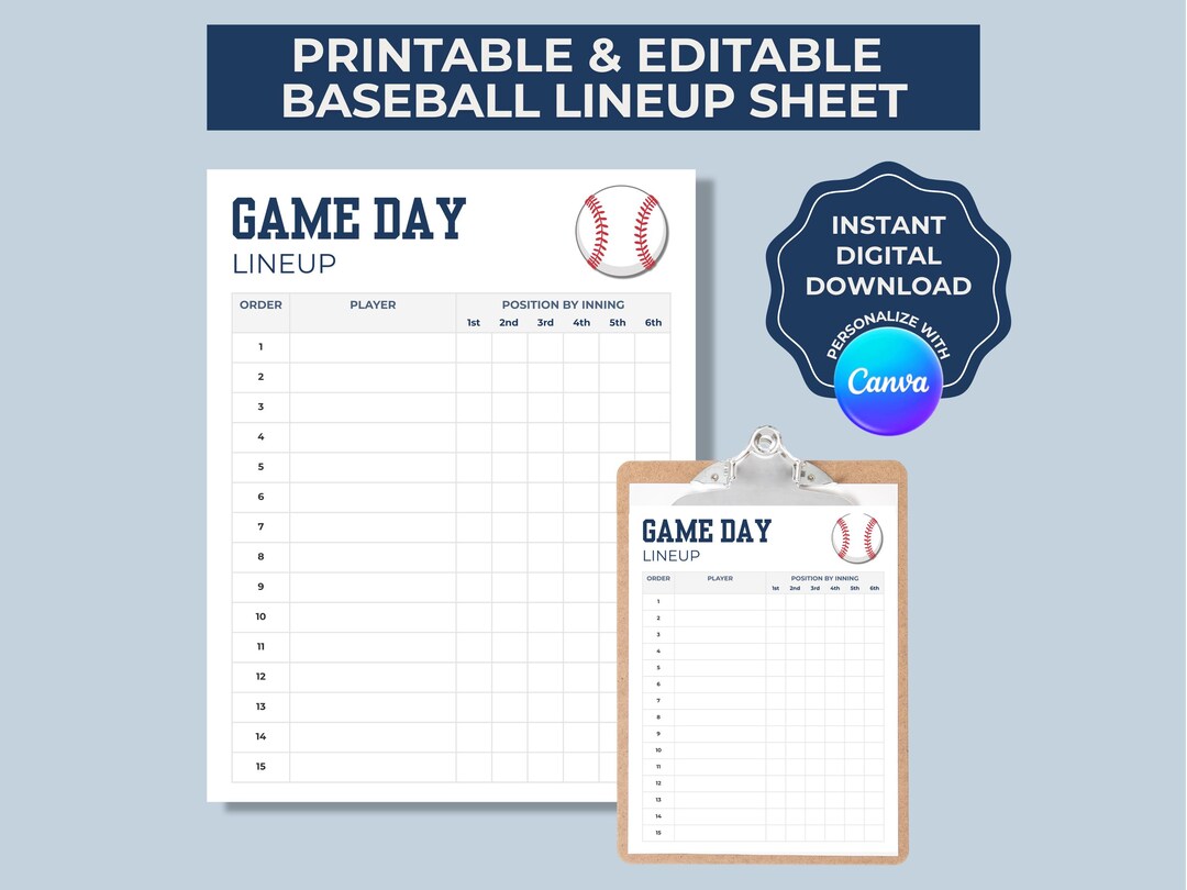 Printable Baseball Line up Card Sheet, Editable Batting Order With ...