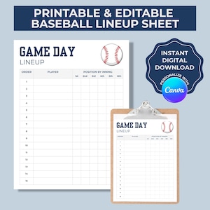 Puede incluir: Hoja de alineación de béisbol imprimible y editable. La hoja incluye el texto "Game Day Lineup" y espacios para el orden, el jugador y la posición por entrada. También se muestra un portapapeles con una hoja de alineación de béisbol.