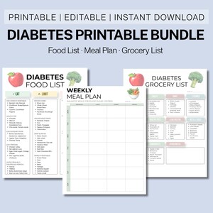 Könnte beinhalten: Ein druckbares Diabetes-Bundle mit einer Lebensmittelliste, einem Speiseplan und einer Einkaufsliste. Das Design umfasst Illustrationen eines Apfels und Brokkoli, mit Textbeschriftungen für jeden Abschnitt. Sofortiger Download und bearbeitbar.