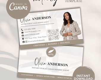 May include: A business card template for a notary public and loan signing agent. The card features a professional headshot of a woman, contact information, and the text "Olivia Anderson, Notary Public | Loan Signing Agent".
