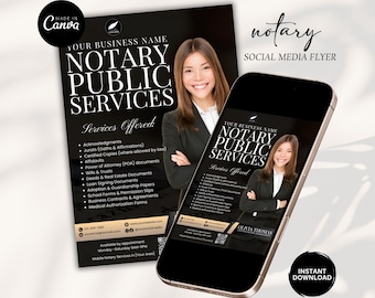May include: A black and white flyer and smartphone display a notary public services advertisement. The flyer features a smiling woman in a blazer, with text listing services like acknowledgments and affidavits. The smartphone shows a similar design with the words "Instant Download."