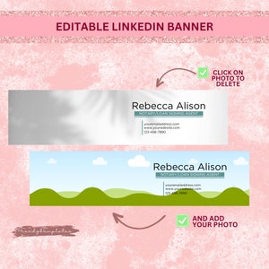 May include: Editable LinkedIn banner template with a light pink background and a white banner with the text "Rebecca Alison, Notary/Loan Signing Agent" and contact information. The second banner has a blue sky background with green hills and the same text and contact information.
