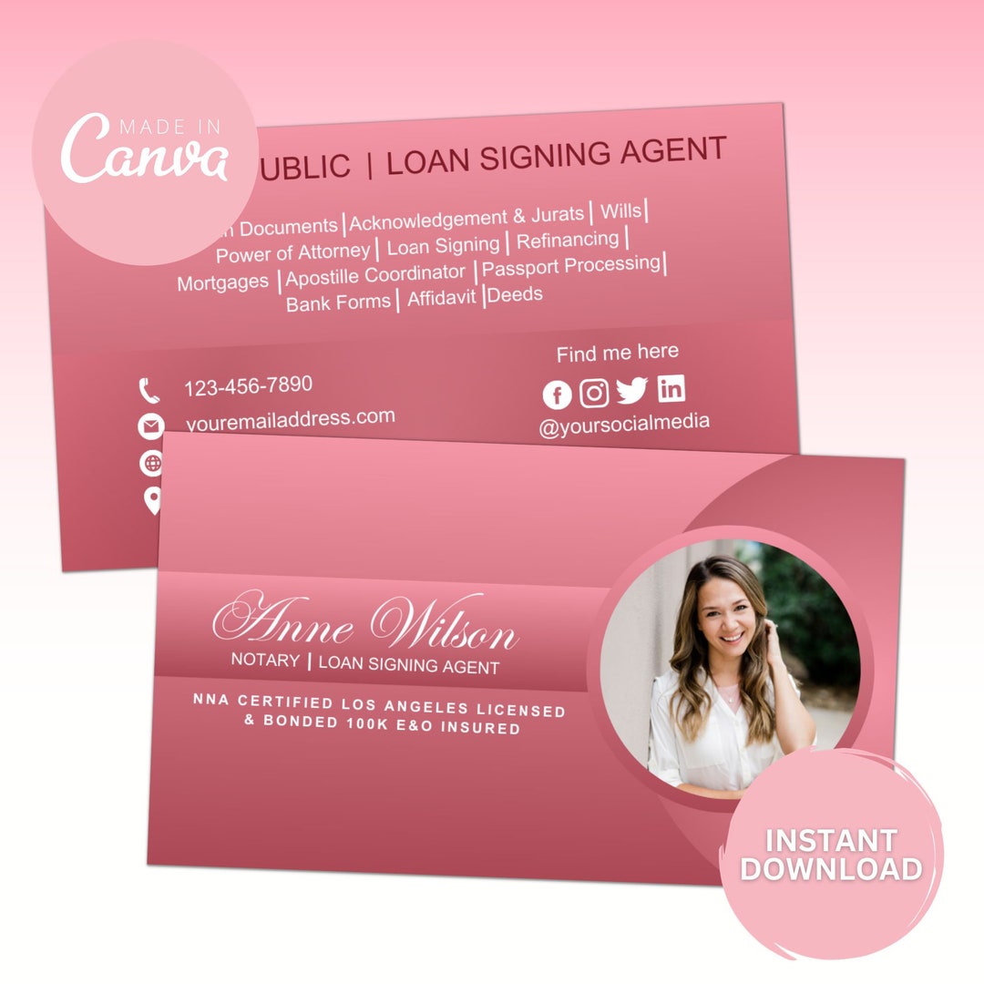 Notary Public Business Card Loan Signing Agent Gradient Pink Business