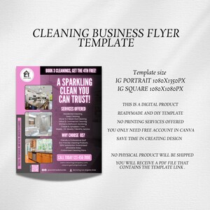 Puede incluir: Una plantilla de folleto de empresa de limpieza rosa y blanca con el texto "&iexcl;Una limpieza brillante en la que puede confiar!" y "&iexcl;Reserve 3 limpiezas, obtenga la 4&ordf; gratis!". Incluye detalles del servicio e informaci&oacute;n de contacto.