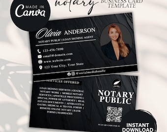 May include: A black business card template for a notary public, with the name "Olivia Anderson" and contact details. The design includes a photo, a list of services, and a QR code for instant download.