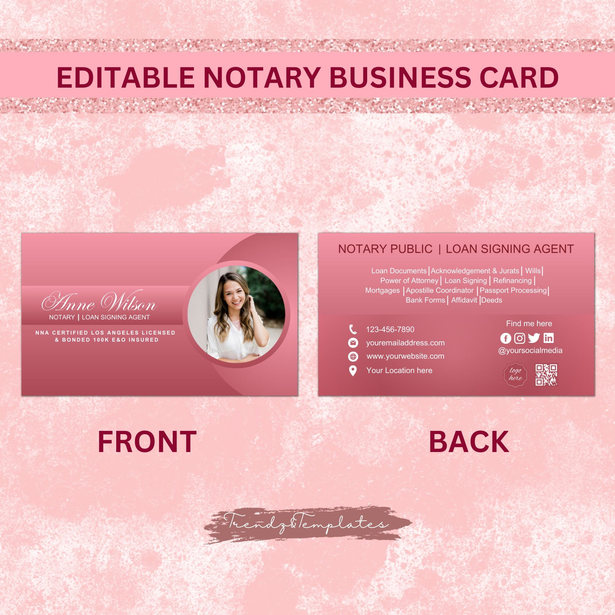 Notary Public Business Card Loan Signing Agent Gradient Pink Business