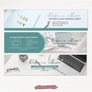 May include: A teal and white banner with the text "Rebecca Alison Notary/Loan Signing Agent" and contact information. The banner also includes the text "24 Hour Notary Public Service" and a list of services offered.