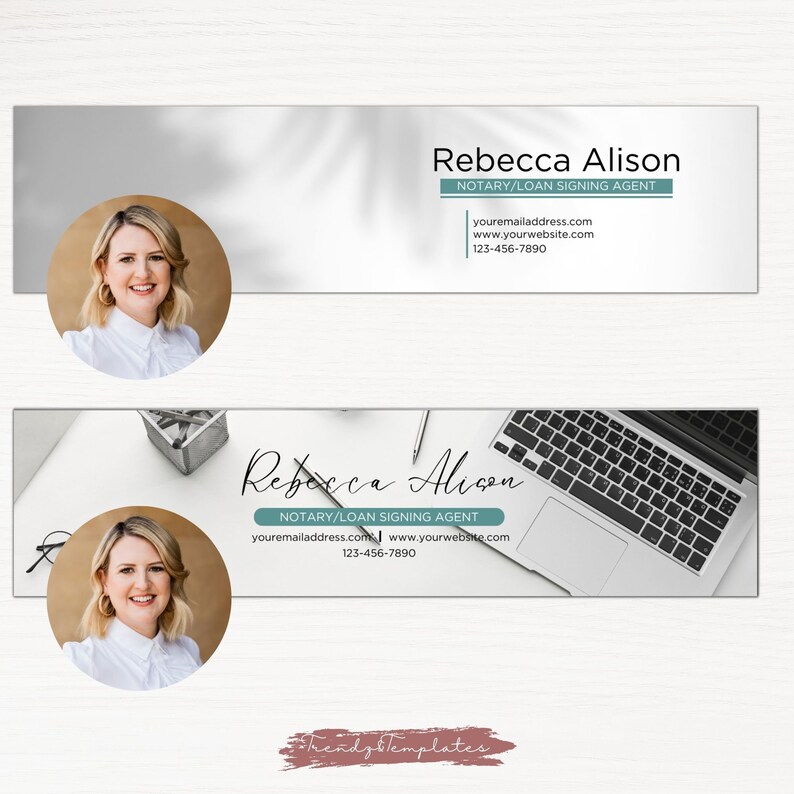 May include: A Facebook banner template for a notary/loan signing agent. The banner features a white background with a subtle shadow effect. The top half of the banner features a headshot of a woman in a white shirt. The bottom half of the banner features a laptop computer with a white background and a pen on a white surface. The banner includes the text "Rebecca Alison" in a handwritten font, along with the text "Notary/Loan Signing Agent", "youremailaddress.com", "www.yourwebsite.com", and "123-456-7890".