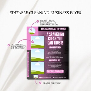 Puede incluir: Folleto de limpieza comercial editable en rosa y blanco, con el texto "A Sparkling Clean You Can Trust!" y "Book 3 Cleanings, Get the 4th Free!". Incluye &aacute;reas para fotos y logotipos.