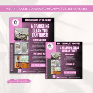 Puede incluir: Un folleto rosa y blanco que promociona servicios de limpieza. El folleto incluye el texto "&iexcl;Una limpieza brillante en la que puede confiar!" y enumera los servicios ofrecidos, como limpieza residencial y profunda. Tambi&eacute;n incluye un n&uacute;mero de tel&eacute;fono y un sitio web.