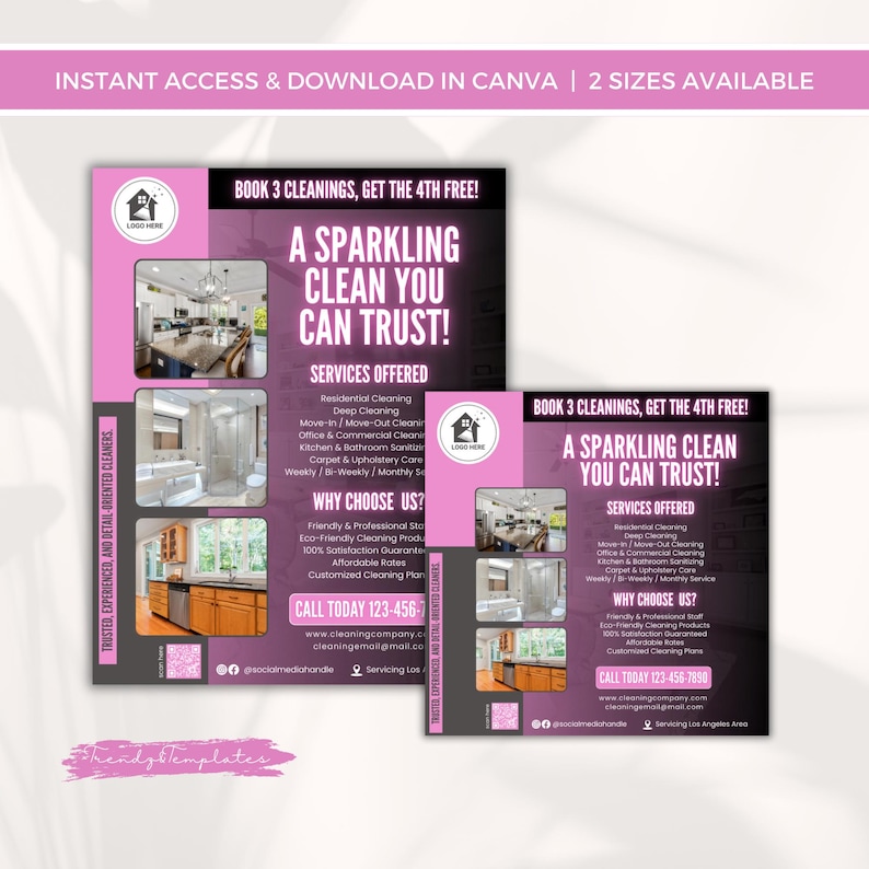 Puede incluir: Un folleto rosa y blanco que promociona servicios de limpieza. El folleto incluye el texto "&iexcl;Una limpieza brillante en la que puede confiar!" y enumera los servicios ofrecidos, como limpieza residencial y profunda. Tambi&eacute;n incluye un n&uacute;mero de tel&eacute;fono y un sitio web.