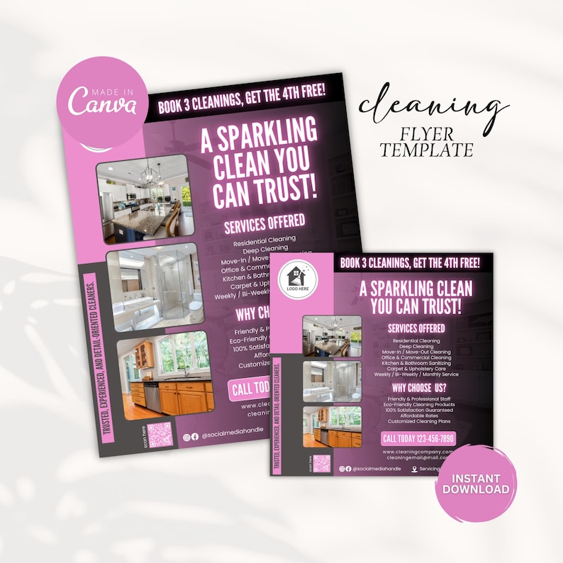 Puede incluir: Dos folletos rosas y negros de servicios de limpieza con el texto "A Sparkling Clean You Can Trust!" y "Book 3 Cleanings, Get the 4th Free!". Los folletos muestran im&aacute;genes de casas limpias y ofrecen varios servicios de limpieza.